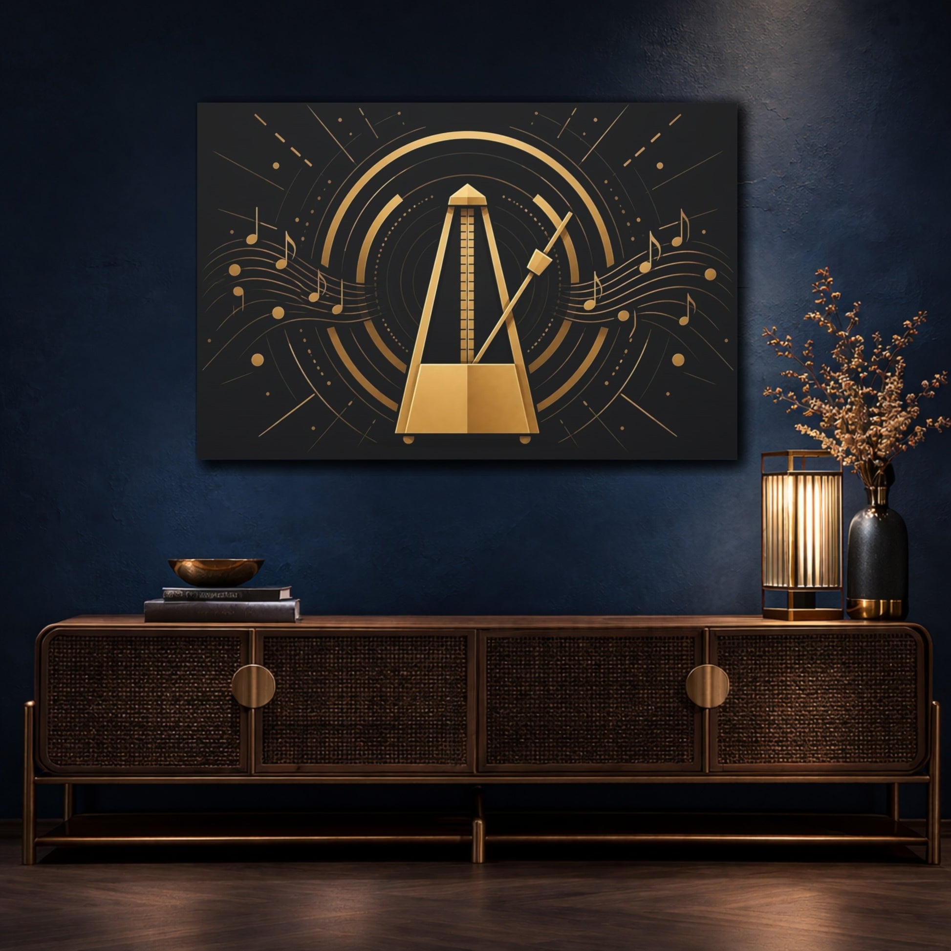 Mockup 4. Abstract Metronome Golden Metronome shown as canvas print