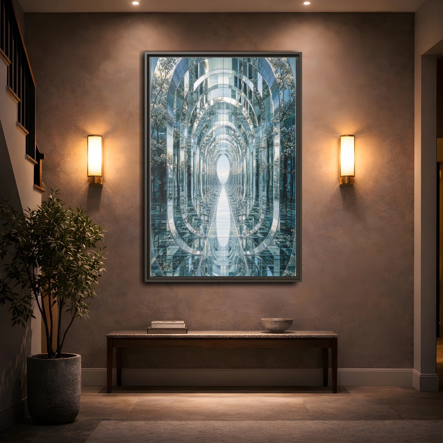 Abstract Mirrored Tunnel Trees Framed Canvas Wall Art - Living Room, Above Sofa, Silver shown as canvas wall art