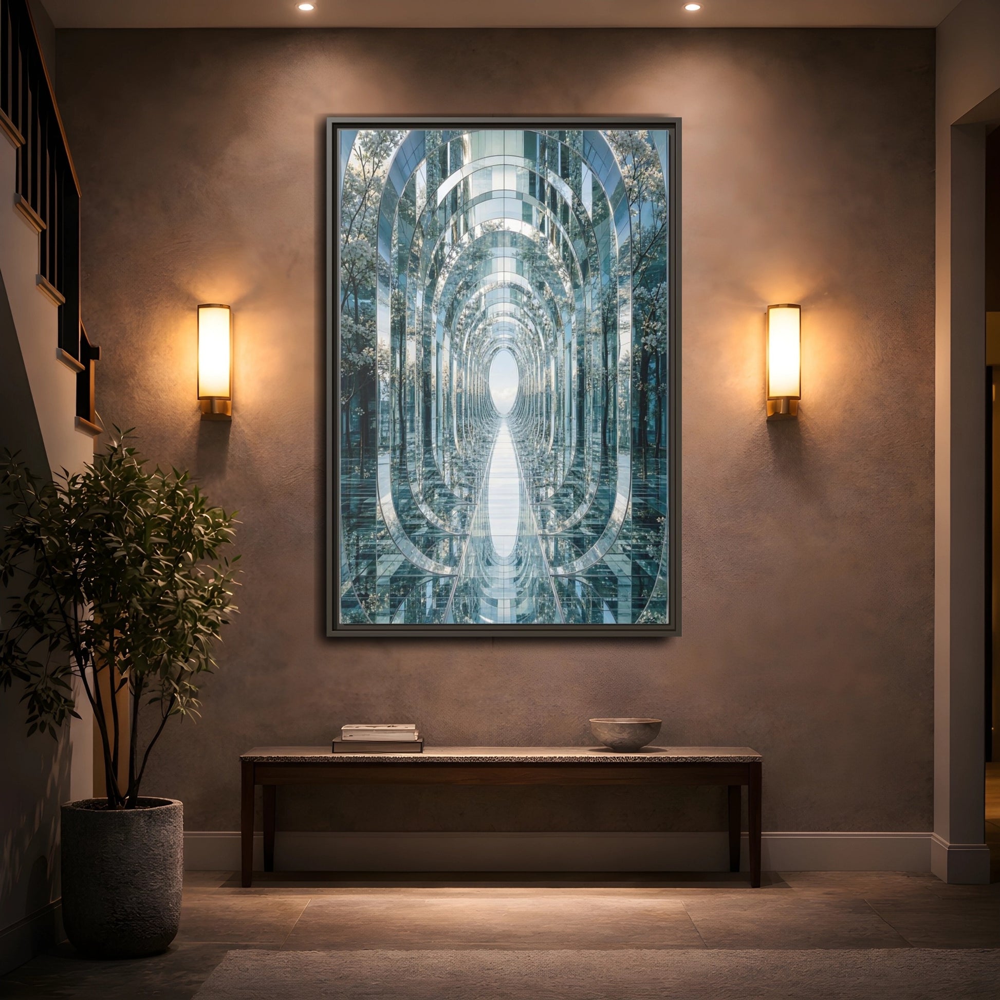 Abstract Mirrored Tunnel Trees Framed Canvas Wall Art - Living Room, Above Sofa, Silver shown as canvas wall art