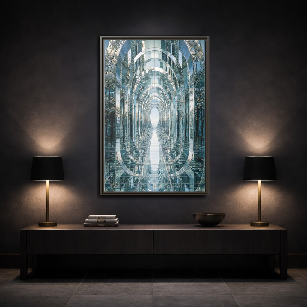 Mockup 3. Abstract Mirrored Tunnel Mirrored Trees shown as stretched canvas wall art