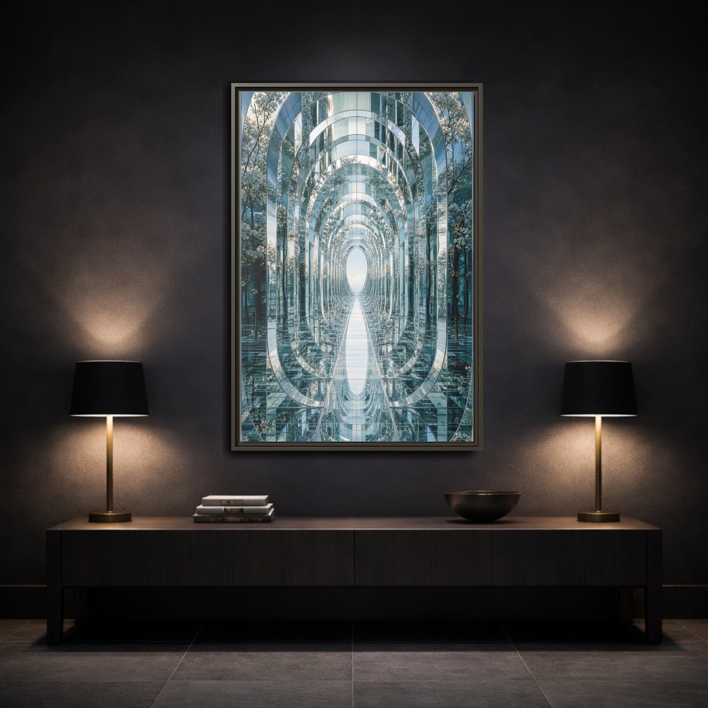 Abstract Mirrored Tunnel Trees Framed Canvas Wall Art - Living Room, Above Sofa, Silver shown as canvas wall art