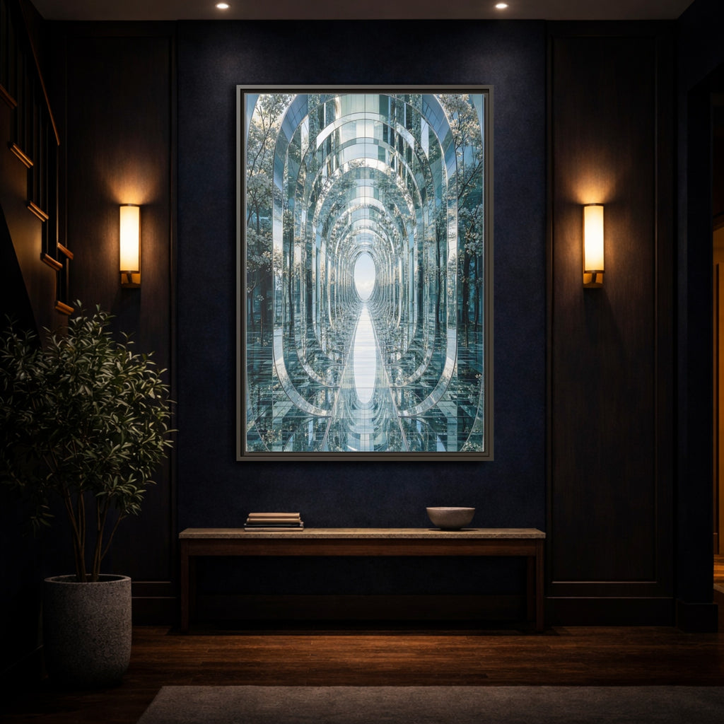 Mockup 4. Abstract Mirrored Tunnel Mirrored Trees shown as stretched canvas wall art