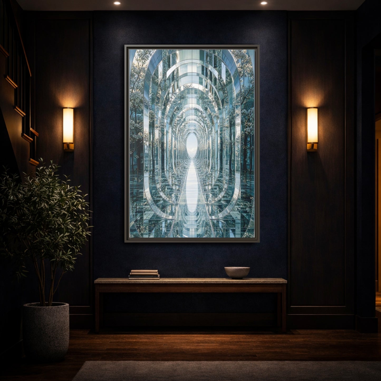 Abstract Mirrored Tunnel Trees Framed Canvas Wall Art - Living Room, Above Sofa, Silver shown as canvas wall art