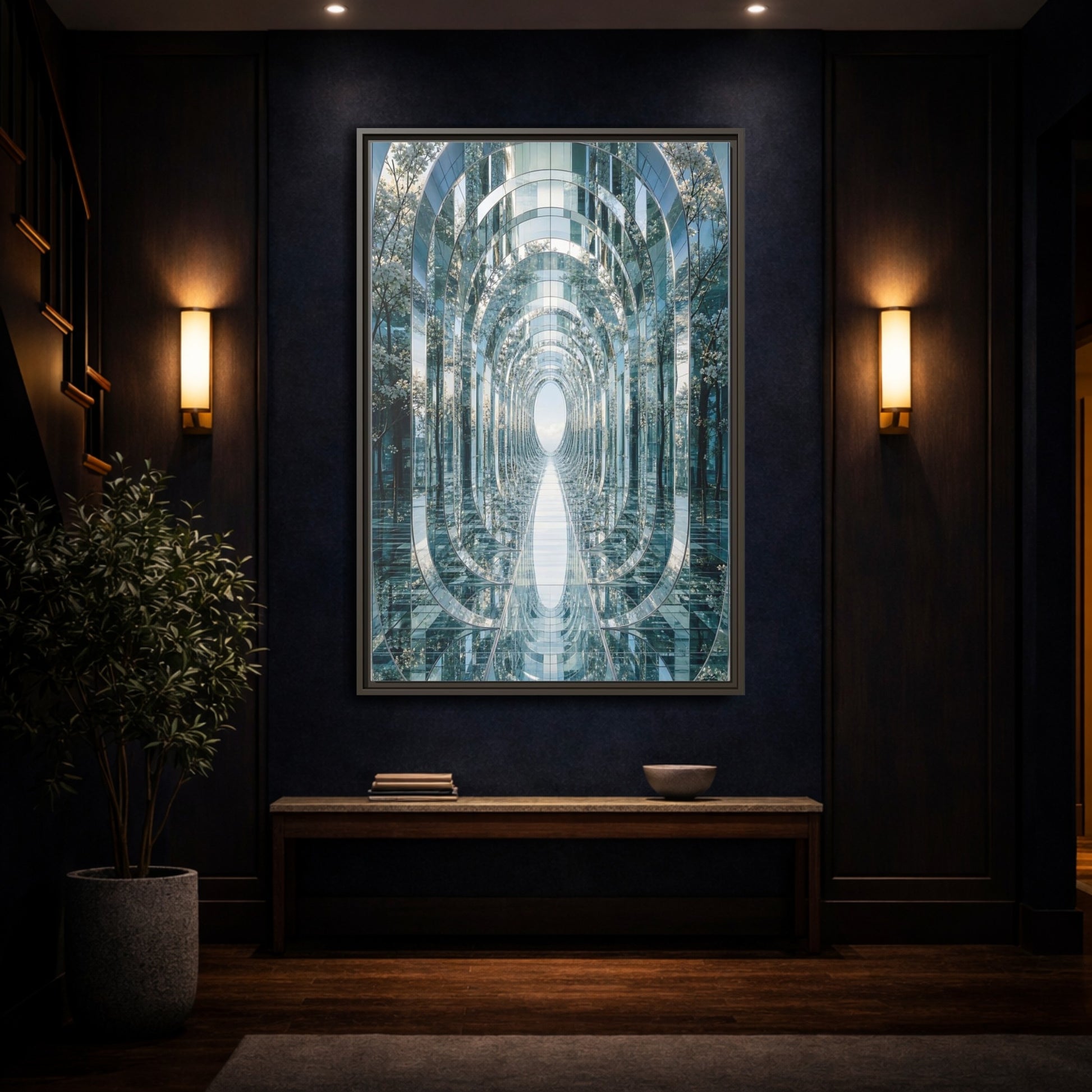 Abstract Mirrored Tunnel Trees Framed Canvas Wall Art - Living Room, Above Sofa, Silver shown as canvas wall art