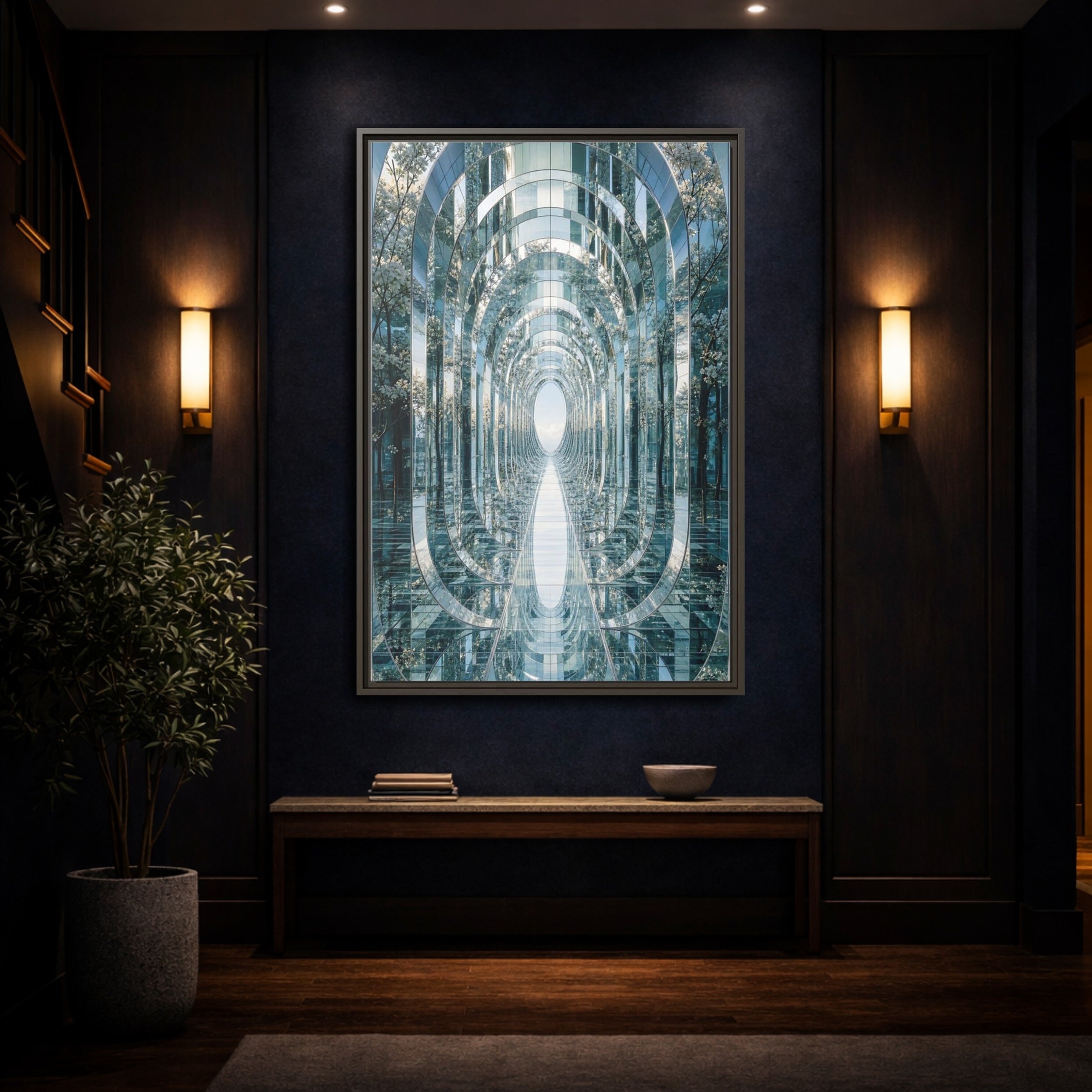 Mockup 4. Abstract Mirrored Tunnel Mirrored Trees shown as stretched canvas wall art