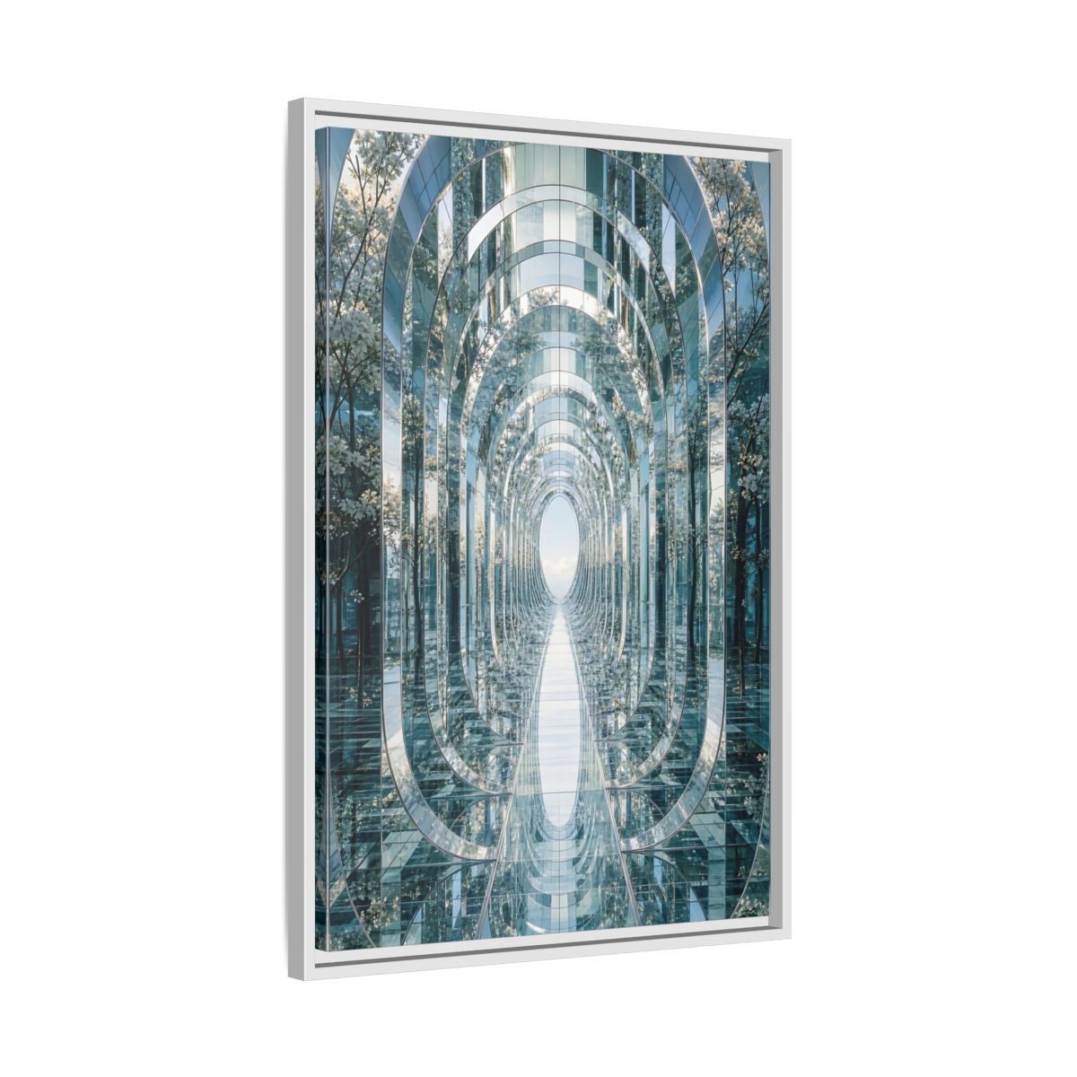 Abstract Mirrored Tunnel Trees Framed Canvas Wall Art - Living Room, Above Sofa, Silver shown as canvas wall art
