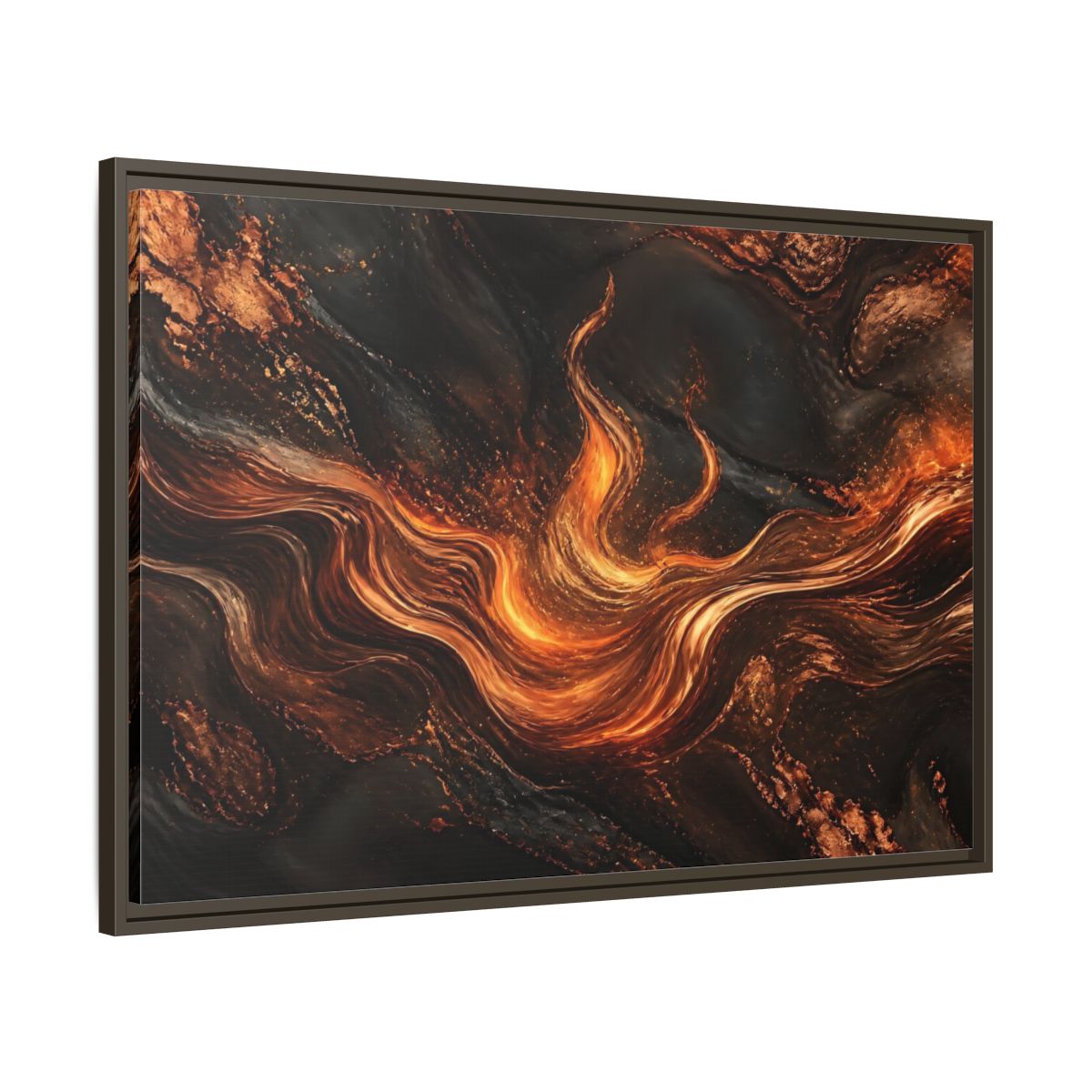 Main Mockup. Abstract Molten Flow Orange And Black Abstract shown as stretched canvas wall art