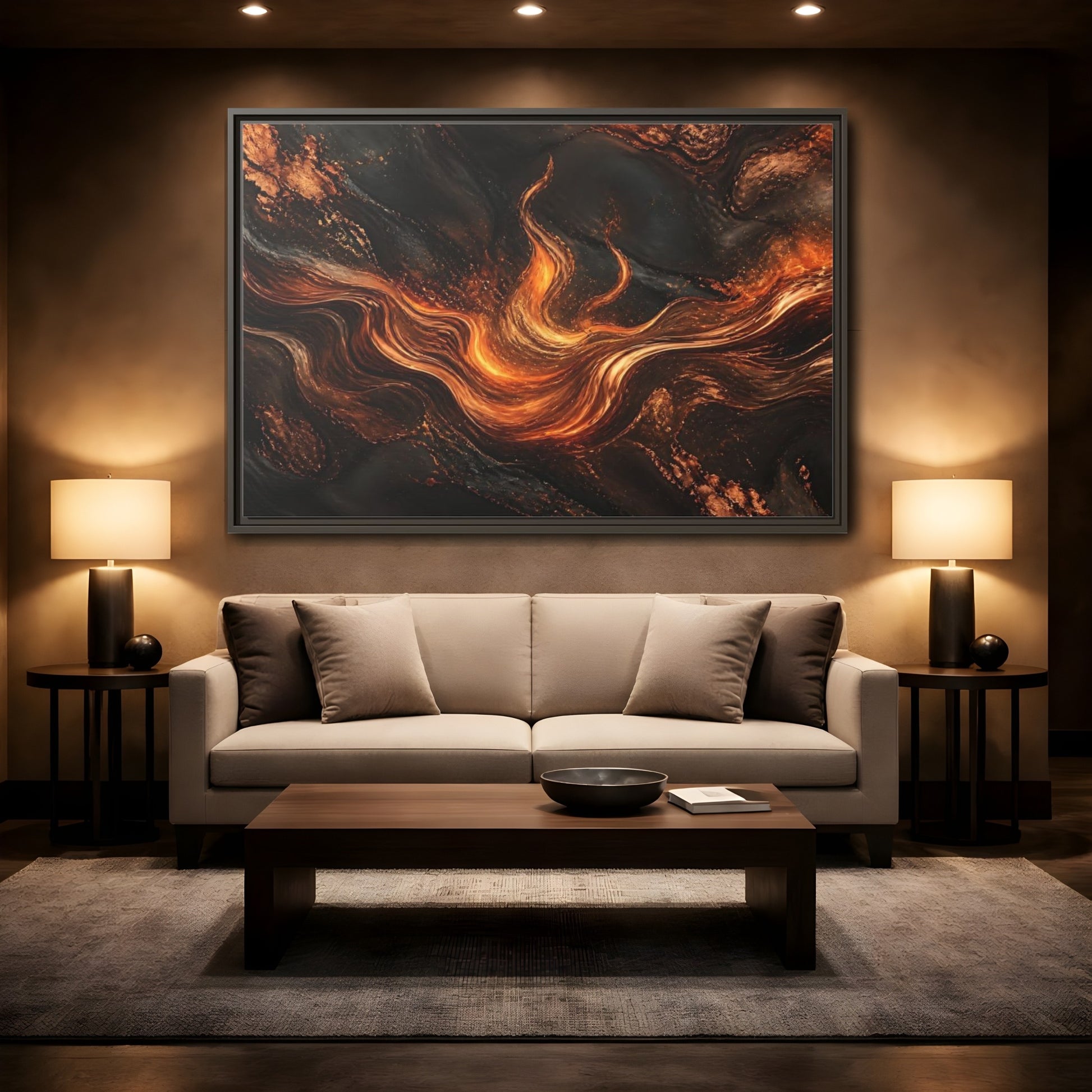 Mockup 2. Abstract Molten Flow Orange And Black Abstract shown as stretched canvas wall art