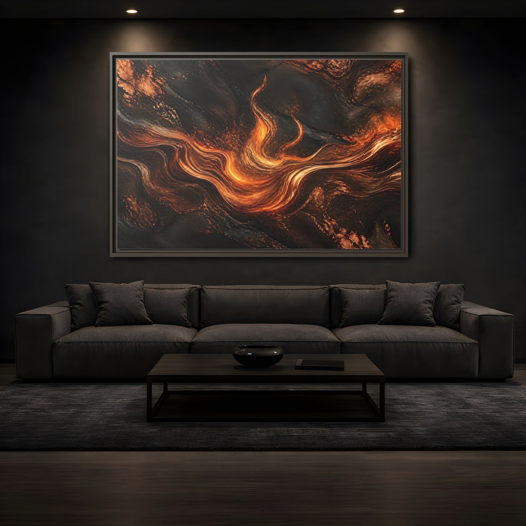 Mockup 3. Abstract Molten Flow Orange And Black Abstract shown as stretched canvas wall art