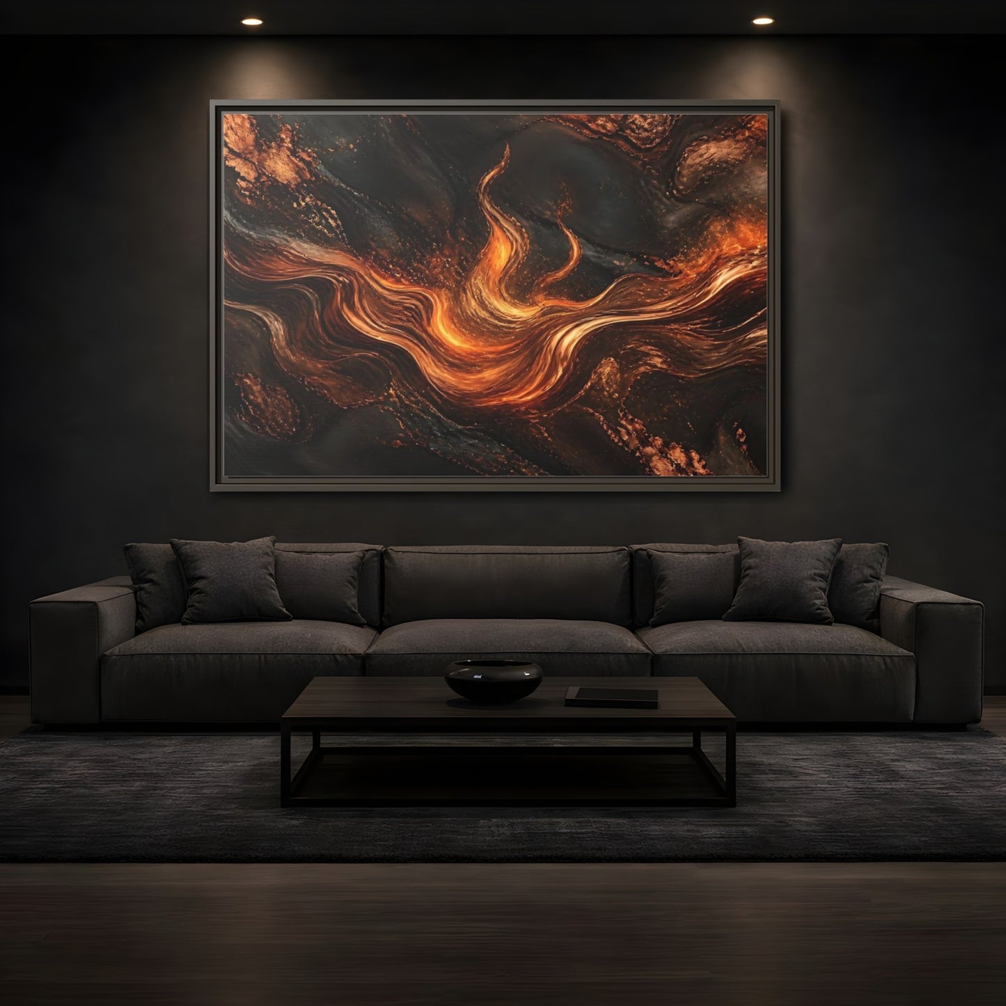 Mockup 3. Abstract Molten Flow Orange And Black Abstract shown as stretched canvas wall art