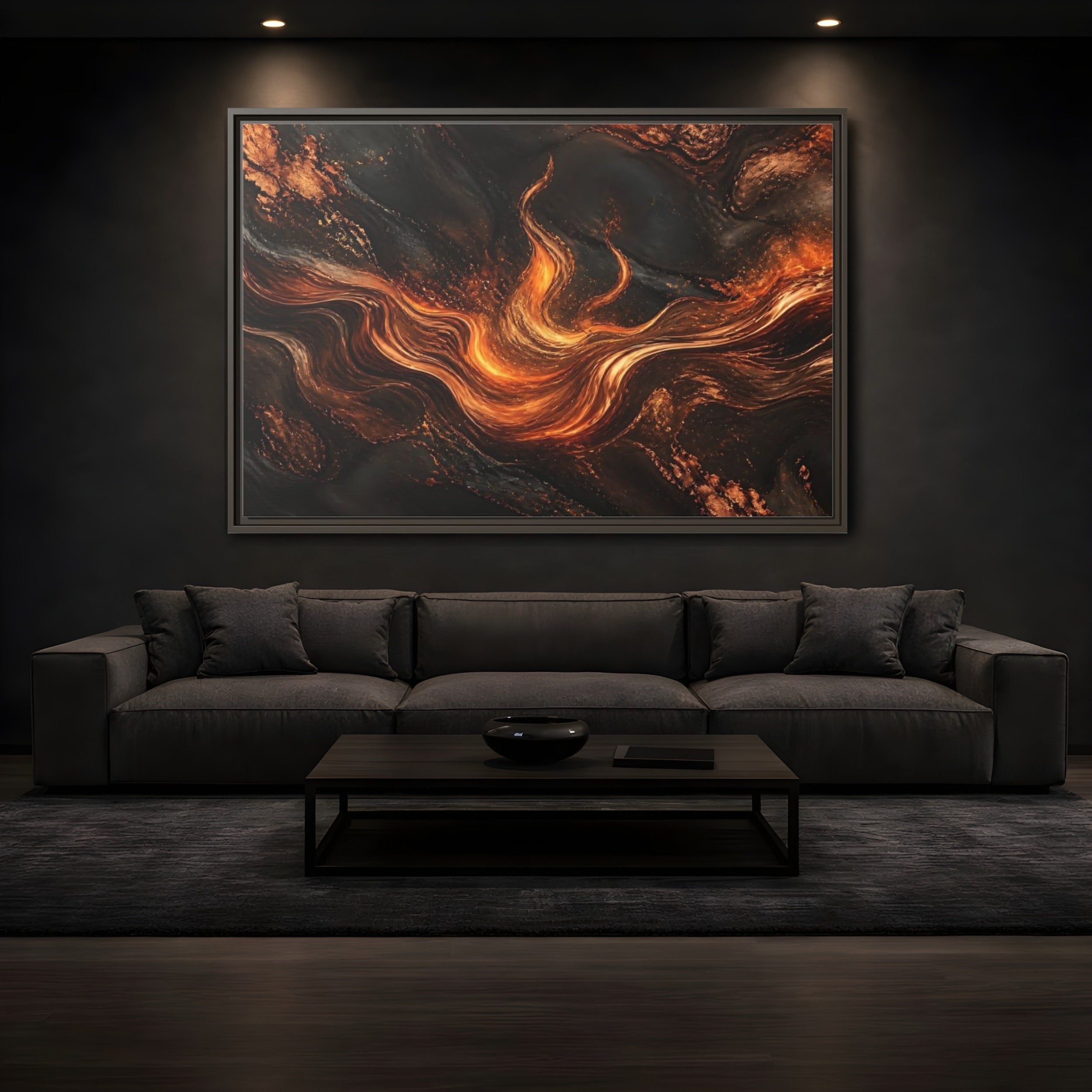 Mockup 3. Abstract Molten Flow Orange And Black Abstract shown as stretched canvas wall art