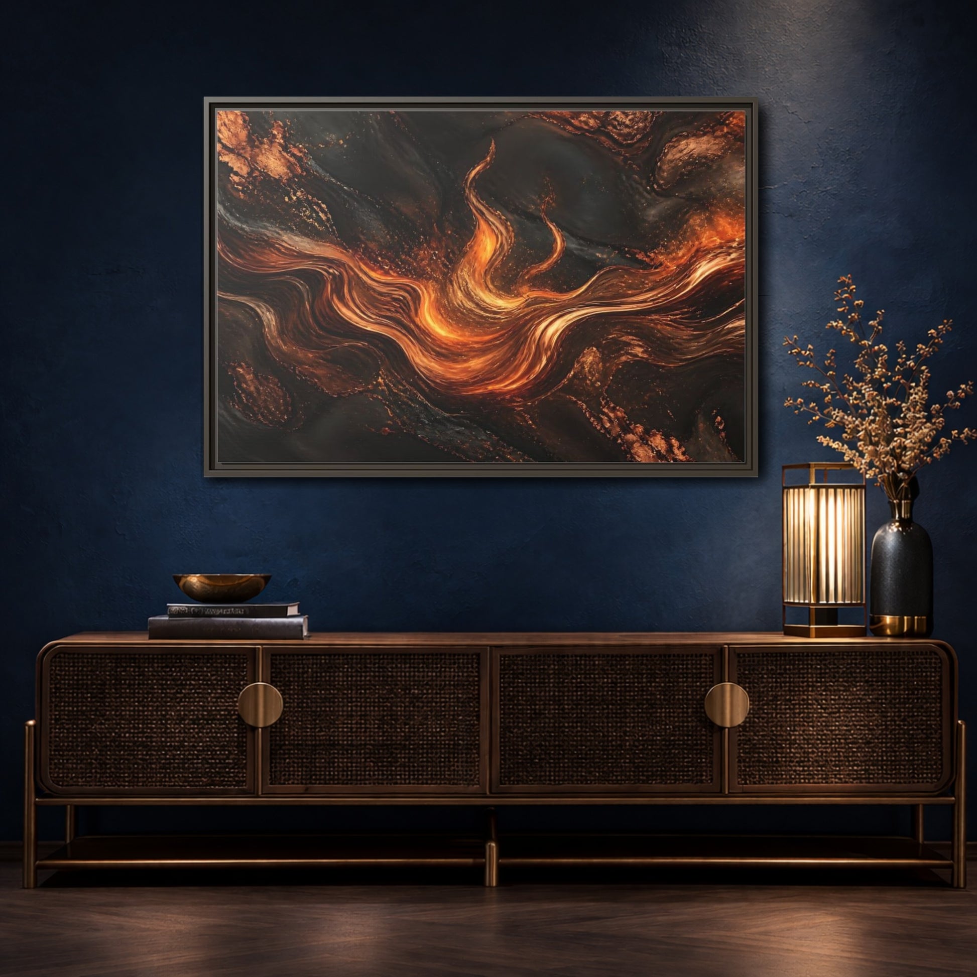 Mockup 4. Abstract Molten Flow Orange And Black Abstract shown as stretched canvas wall art