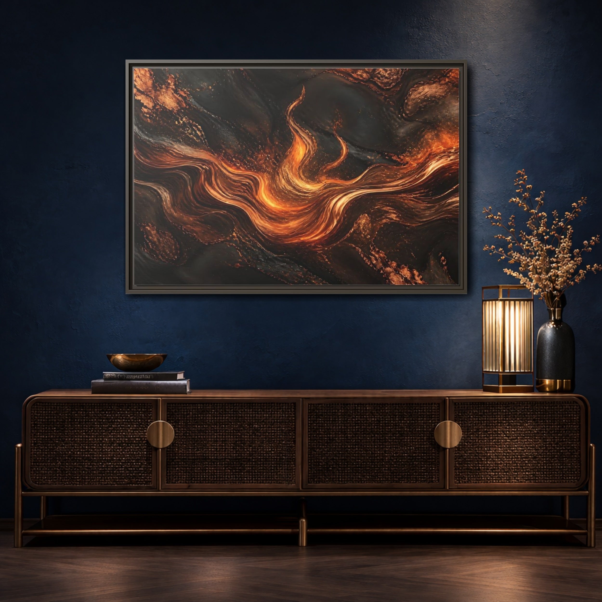 Mockup 4. Abstract Molten Flow Orange And Black Abstract shown as stretched canvas wall art