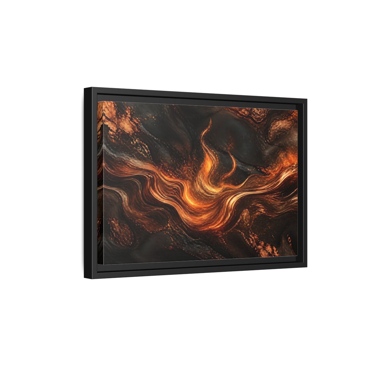 Side Mockup 6. Abstract Molten Flow Orange And Black Abstract shown as stretched canvas wall art