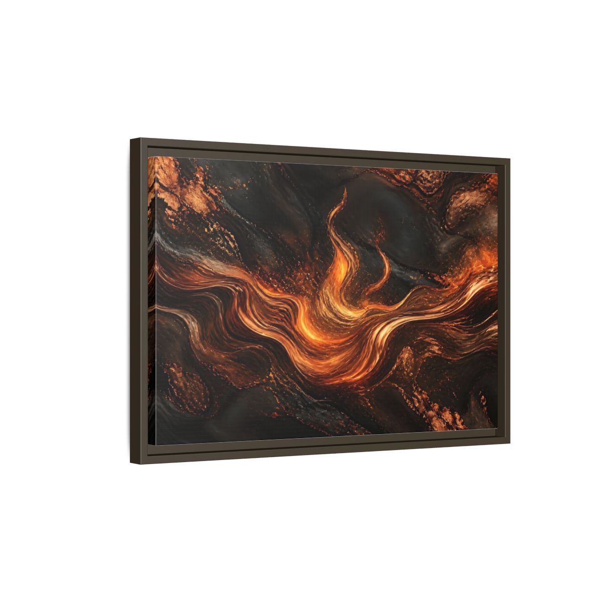 Side Mockup 2. Abstract Molten Flow Orange And Black Abstract shown as stretched canvas wall art