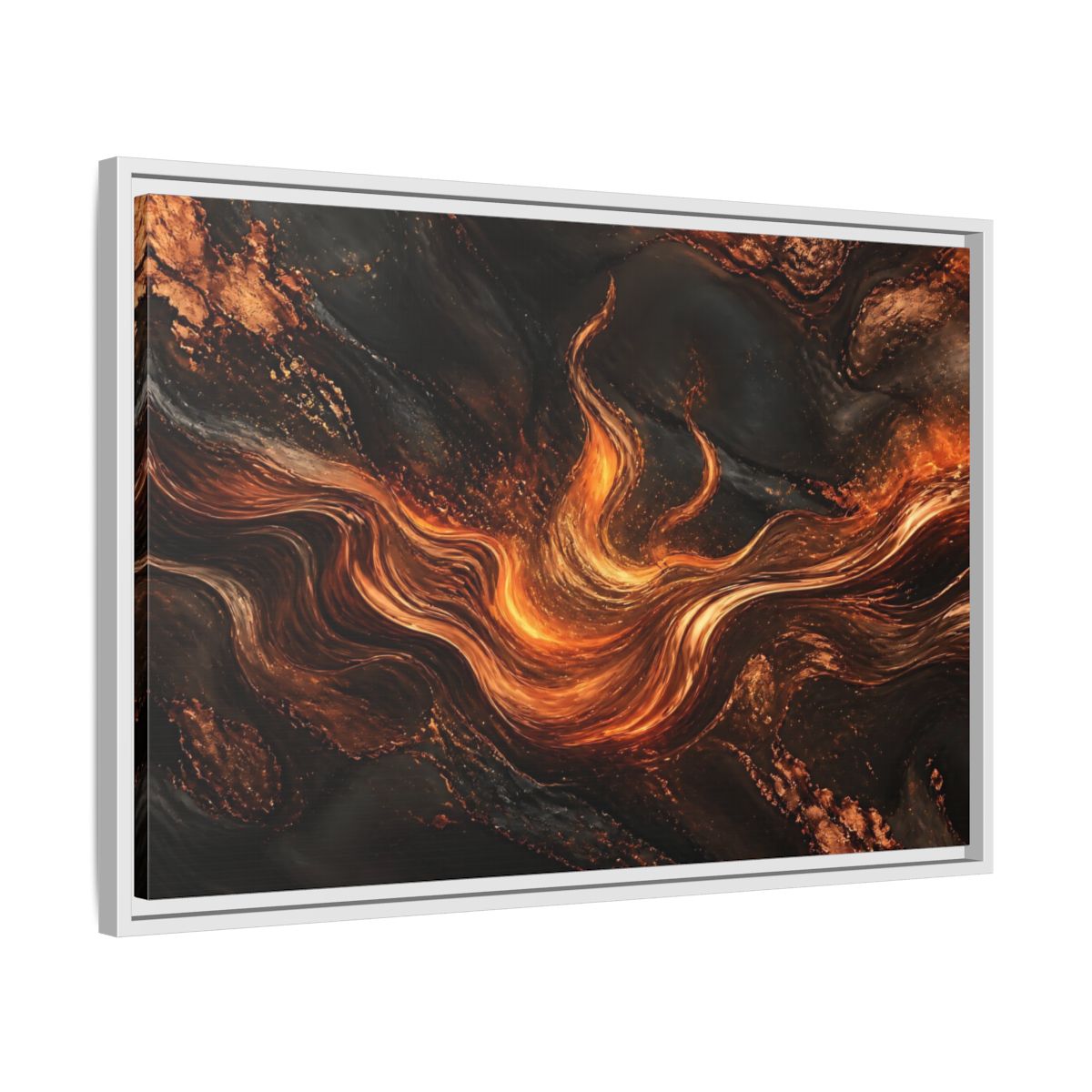 Side Mockup 10. Abstract Molten Flow Orange And Black Abstract shown as stretched canvas wall art