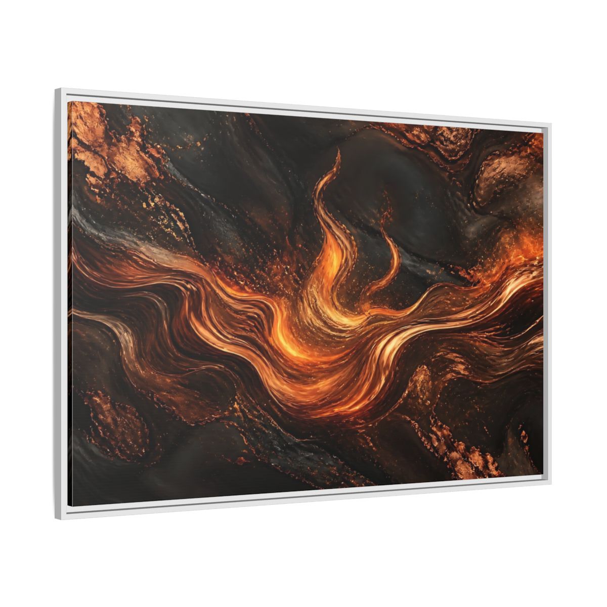 Side Mockup 7. Abstract Molten Flow Orange And Black Abstract shown as stretched canvas wall art