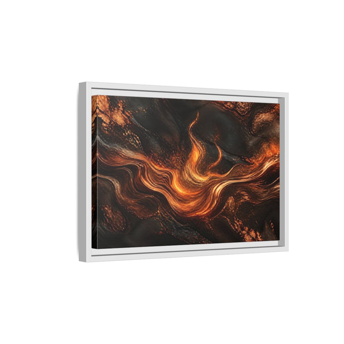 Side Mockup 4. Abstract Molten Flow Orange And Black Abstract shown as stretched canvas wall art