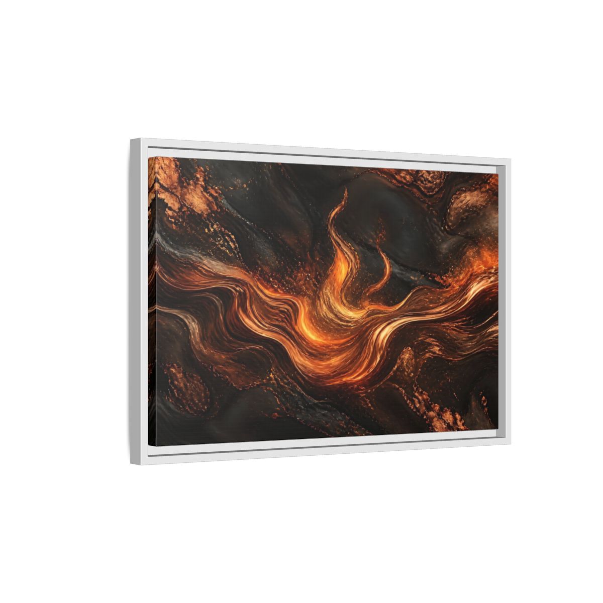 Side Mockup 1. Abstract Molten Flow Orange And Black Abstract shown as stretched canvas wall art