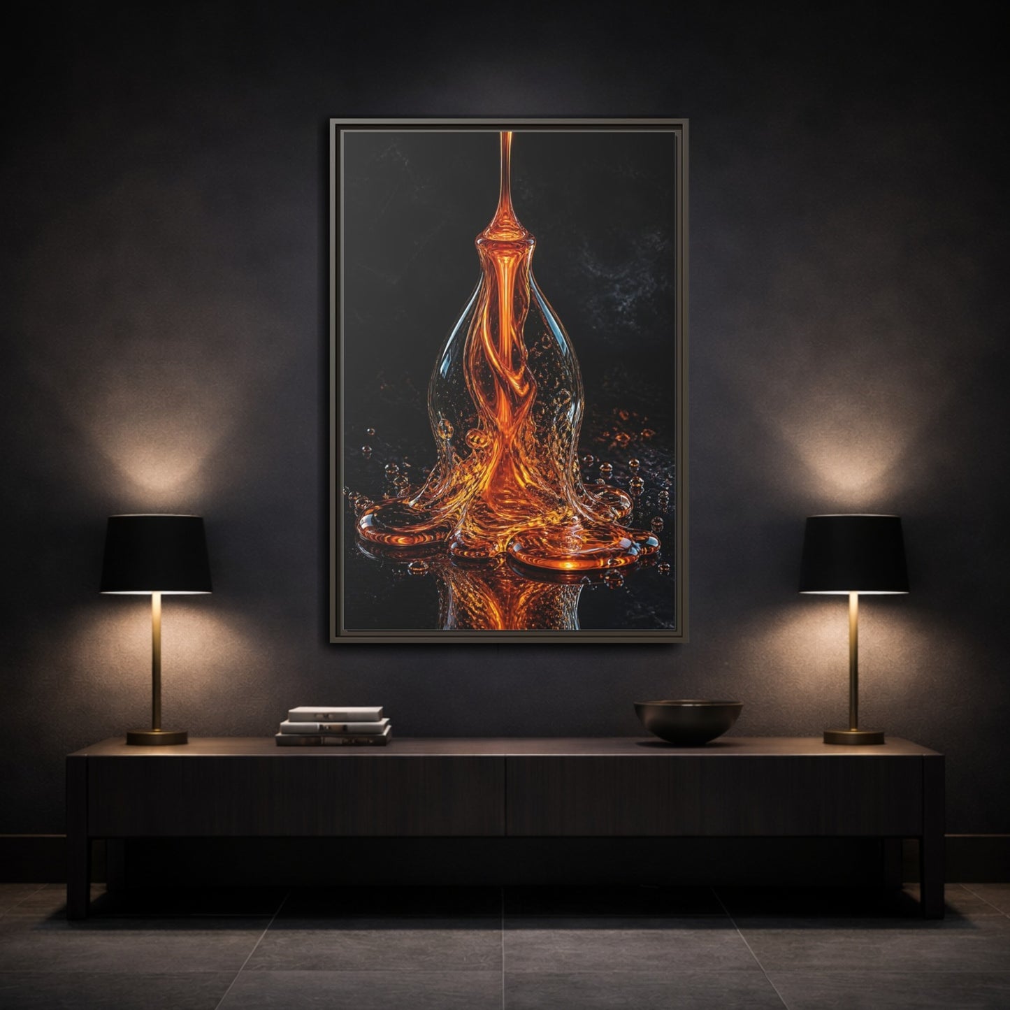 Abstract Molten Liquid Orange Framed Canvas Wall Art - Modern Living Room Above Fireplace shown as canvas wall art