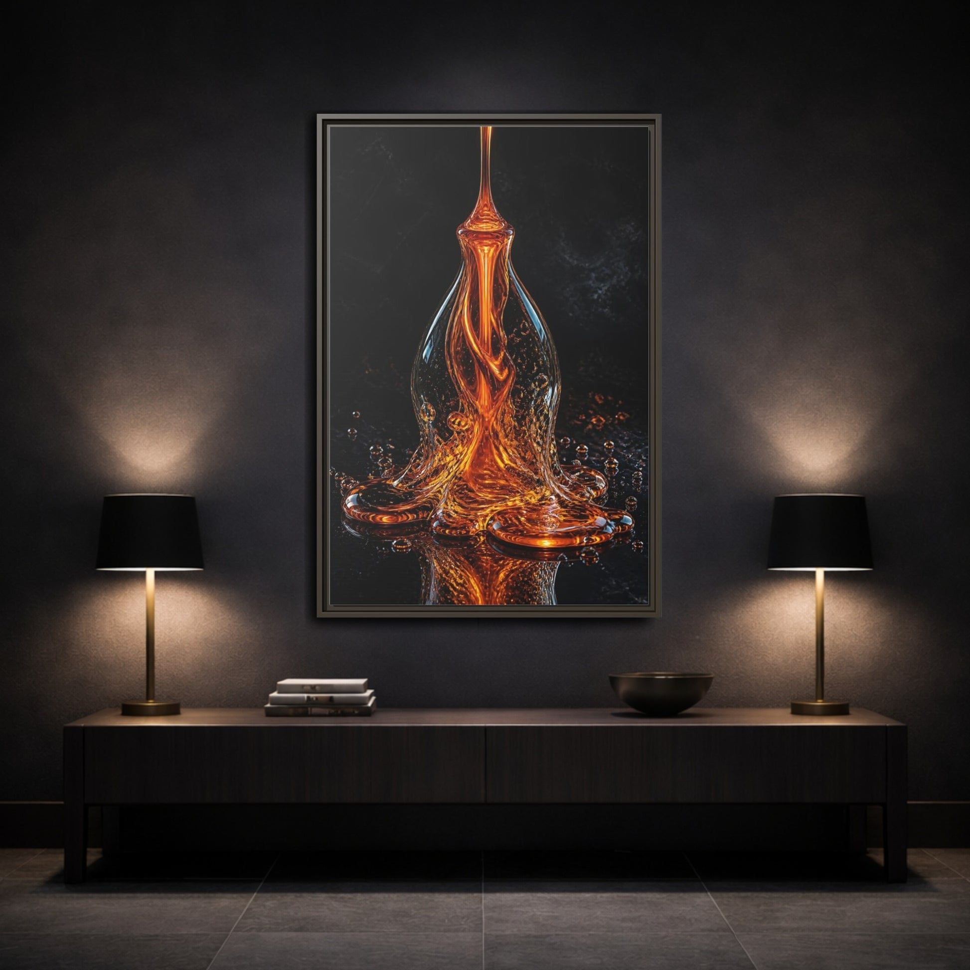 Abstract Molten Liquid Orange Framed Canvas Wall Art - Modern Living Room Above Fireplace shown as canvas wall art