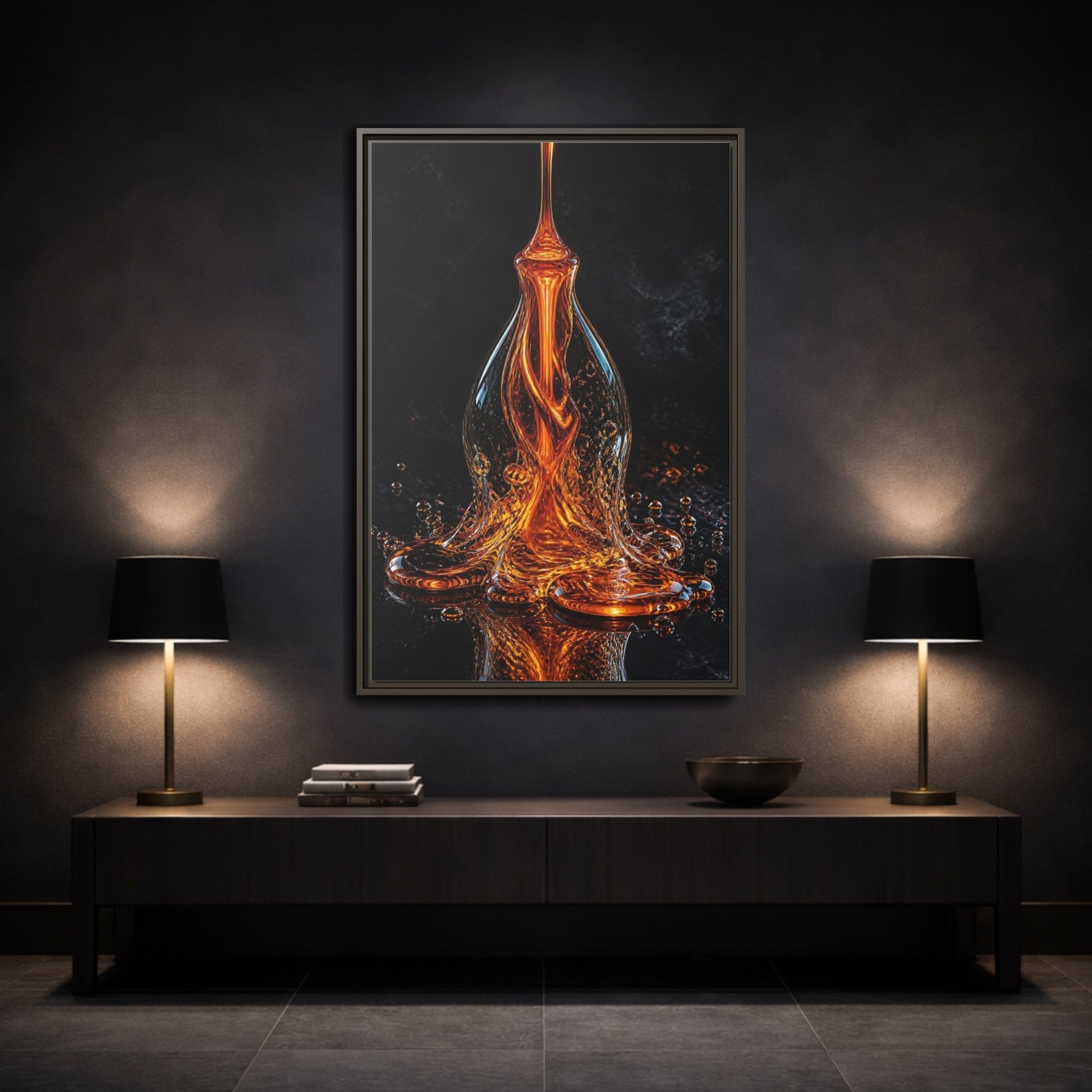 Mockup 3. Abstract Molten Liquid Orange Molten Liquid shown as stretched canvas wall art