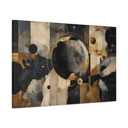 Main Mockup. Abstract Moon Gold Black Abstract shown as stretched canvas wall art