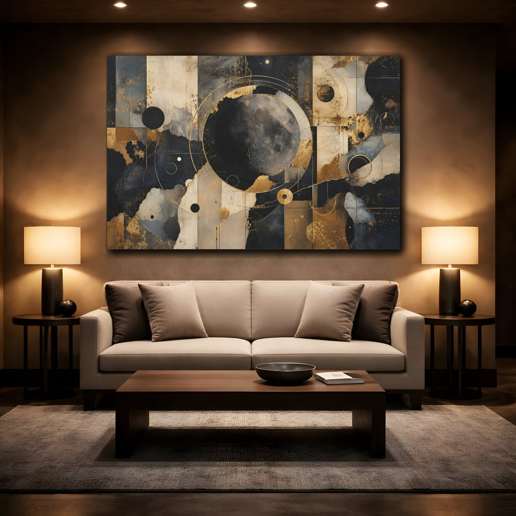 Mockup 2. Abstract Moon Gold Black Abstract shown as stretched canvas wall art