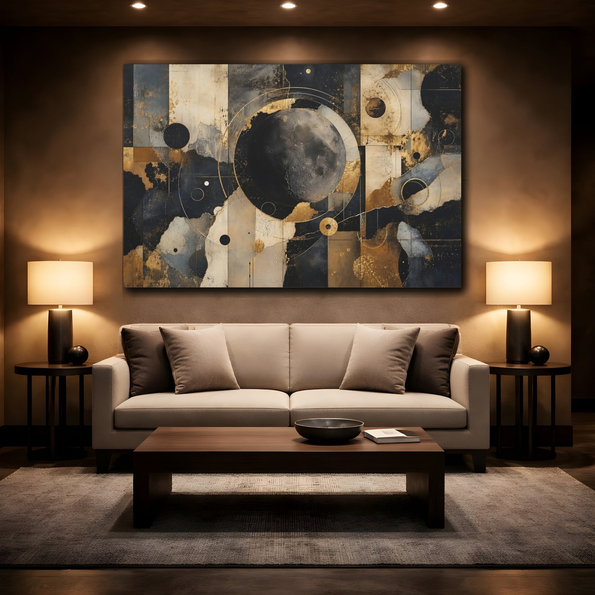 Mockup 2. Abstract Moon Gold Black Abstract shown as stretched canvas wall art