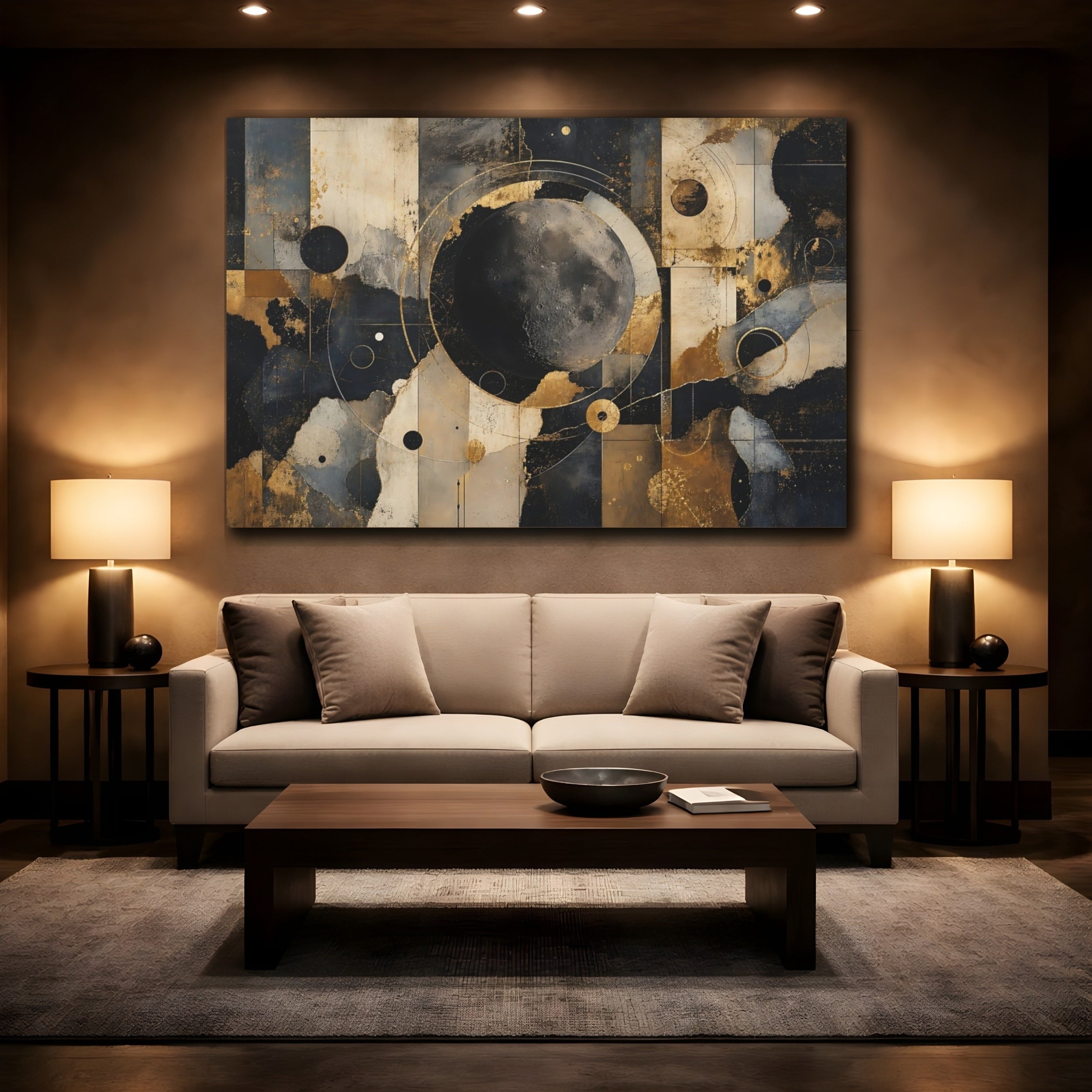 Mockup 2. Abstract Moon Gold Black Abstract shown as stretched canvas wall art