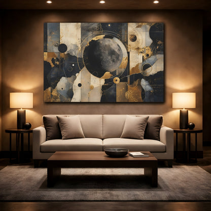 Mockup 2. Abstract Moon Gold Black Abstract shown as stretched canvas wall art