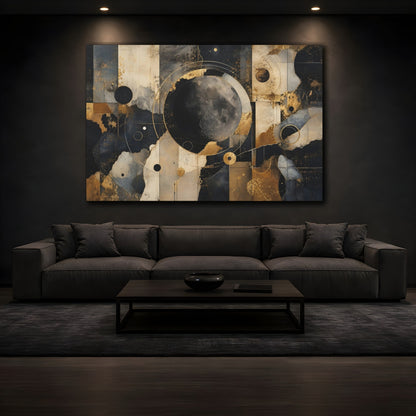 Mockup 3. Abstract Moon Gold Black Abstract shown as stretched canvas wall art