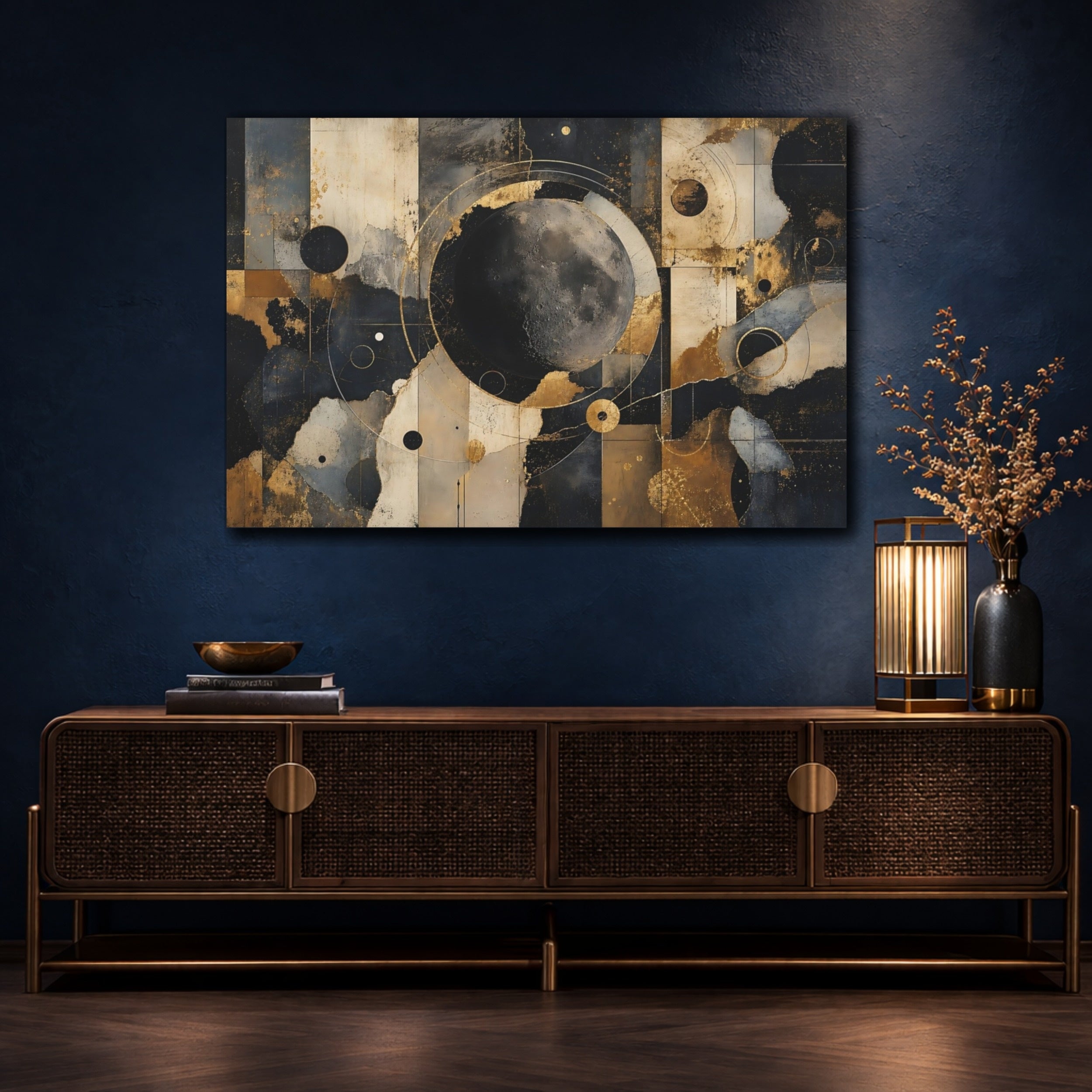 Mockup 4. Abstract Moon Gold Black Abstract shown as stretched canvas wall art