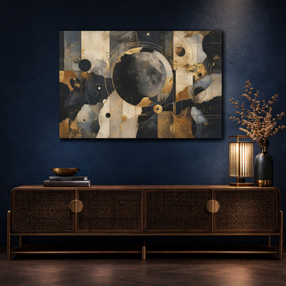 Mockup 4. Abstract Moon Gold Black Abstract shown as stretched canvas wall art