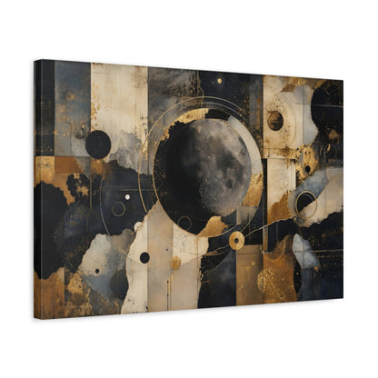 Side Mockup 3. Abstract Moon Gold Black Abstract shown as stretched canvas wall art