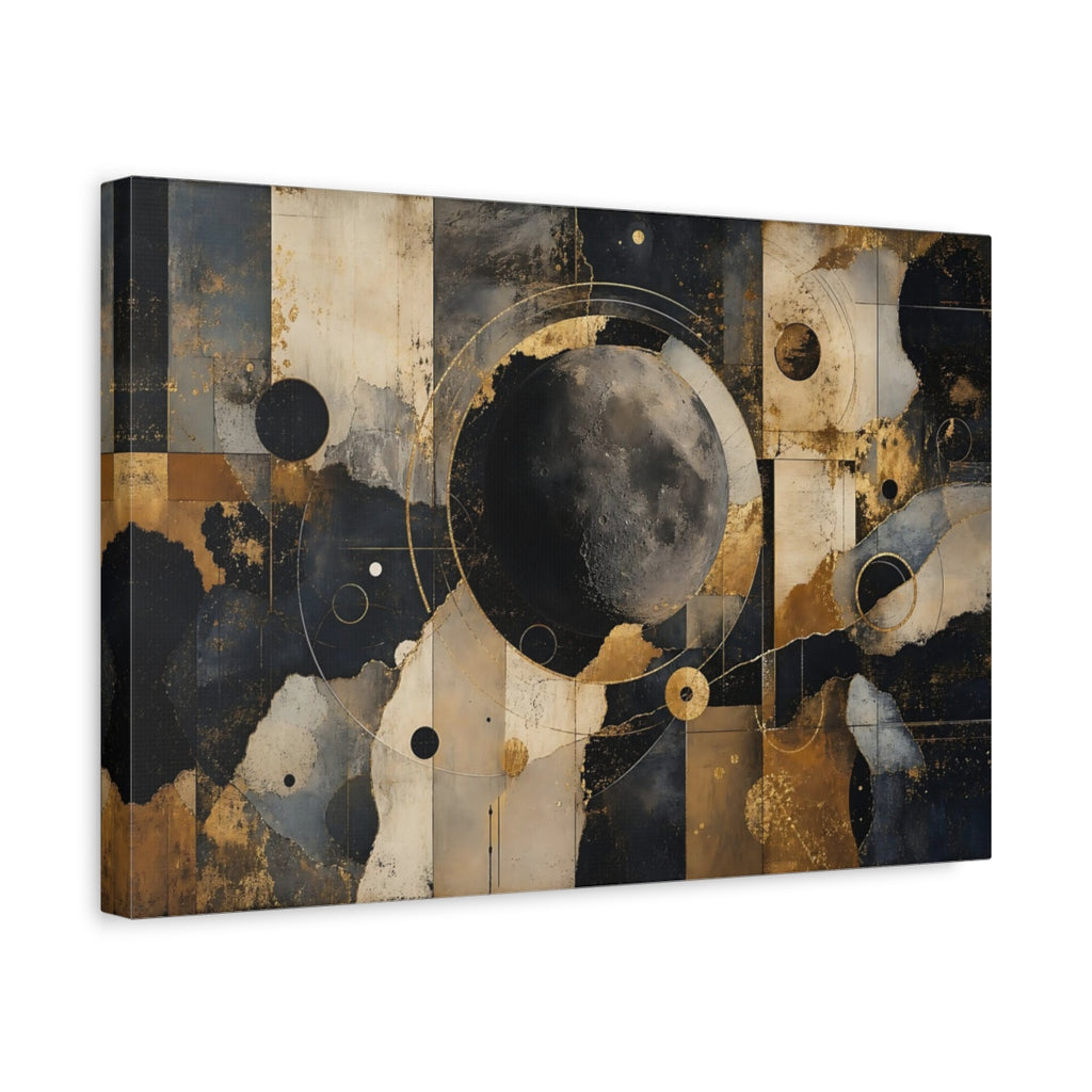 Side Mockup 4. Abstract Moon Gold Black Abstract shown as stretched canvas wall art