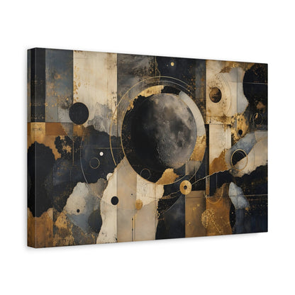Side Mockup 4. Abstract Moon Gold Black Abstract shown as stretched canvas wall art
