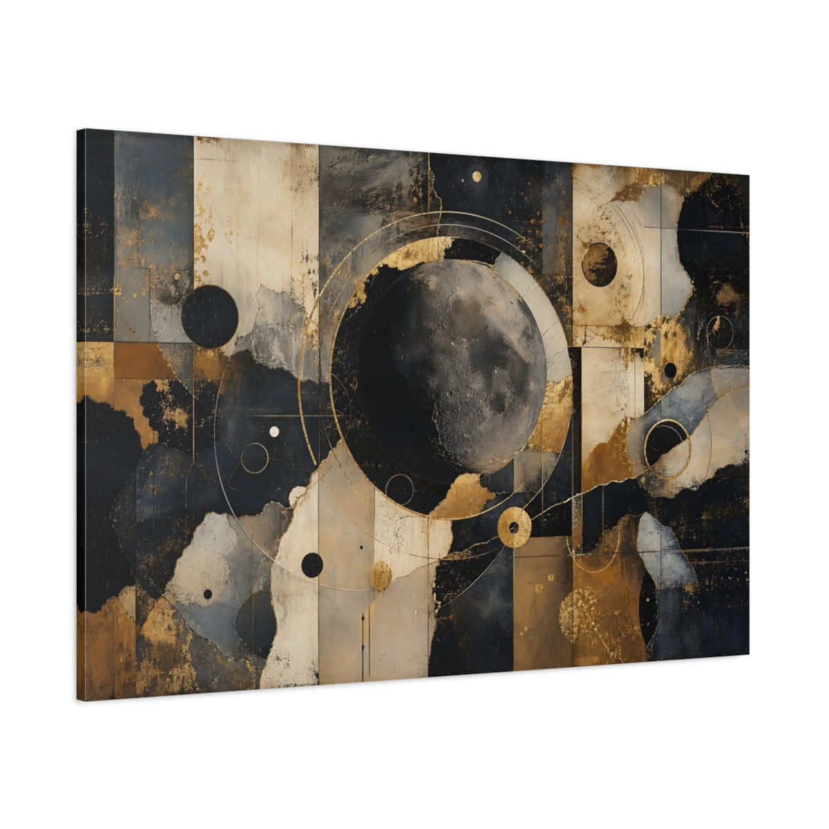 Side Mockup 1. Abstract Moon Gold Black Abstract shown as stretched canvas wall art