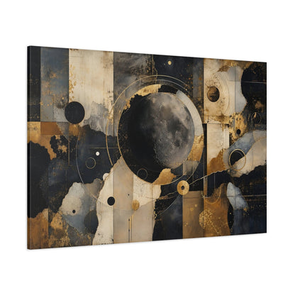 Side Mockup 1. Abstract Moon Gold Black Abstract shown as stretched canvas wall art