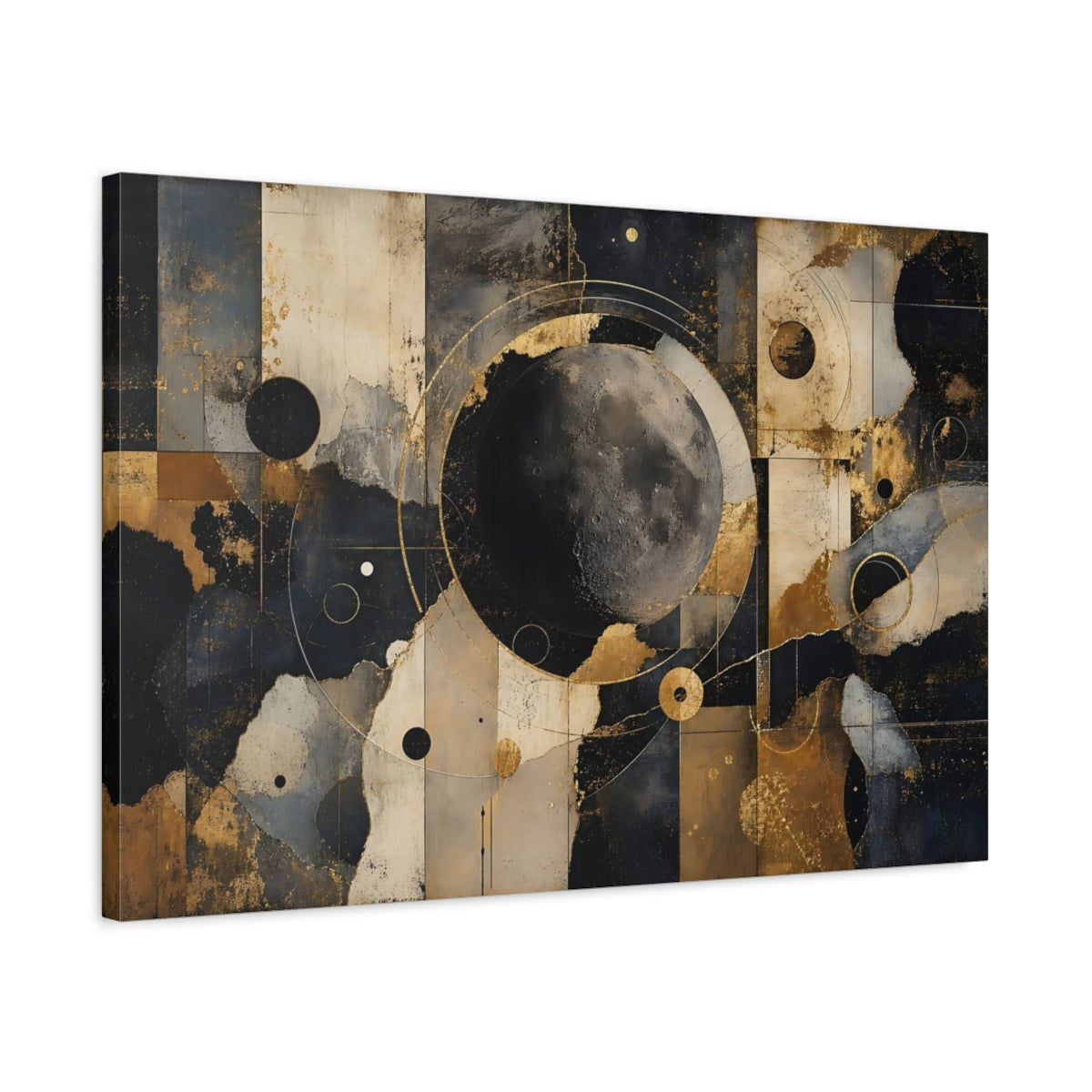 Side Mockup 2. Abstract Moon Gold Black Abstract shown as stretched canvas wall art