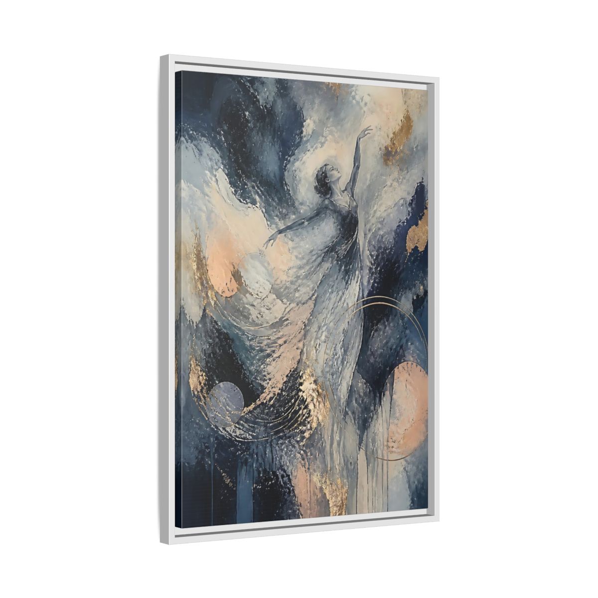 Side Mockup 10. Abstract Moonlit Dancer shown as framed canvas print