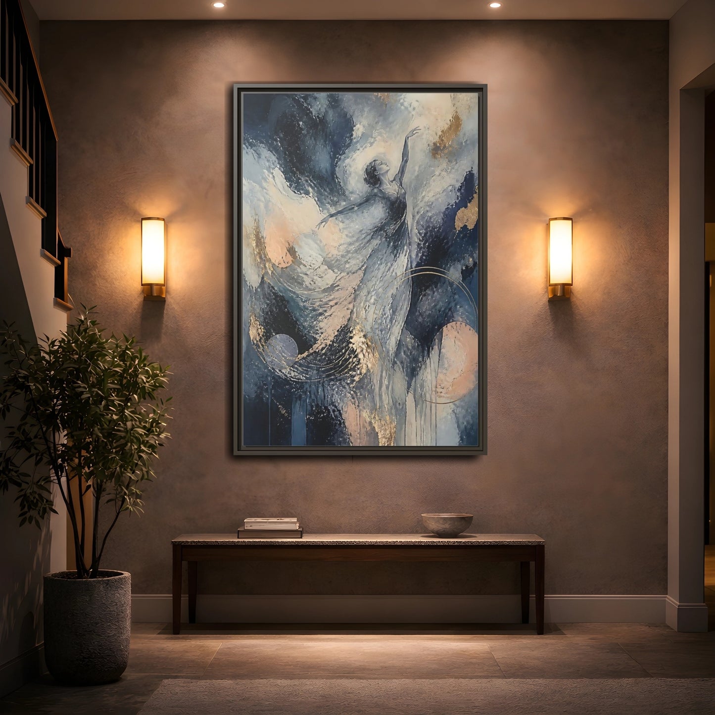 Mockup 2. Abstract Moonlit Dancer shown as framed canvas print