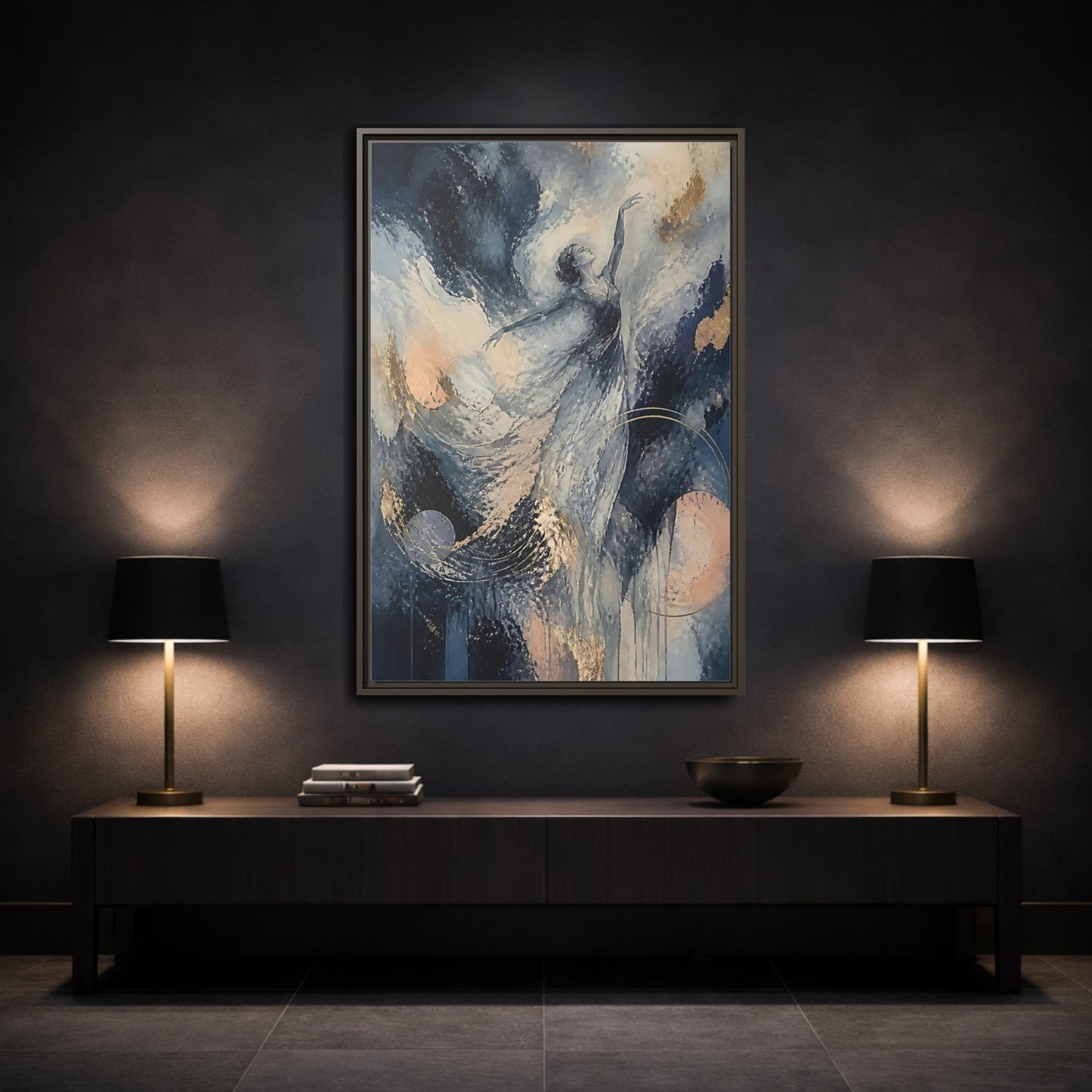 Mockup 3. Abstract Moonlit Dancer shown as framed canvas print