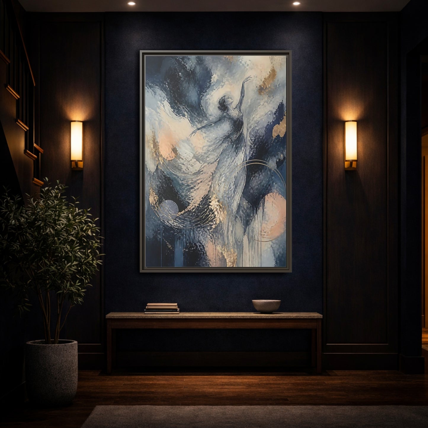 Mockup 4. Abstract Moonlit Dancer shown as framed canvas print
