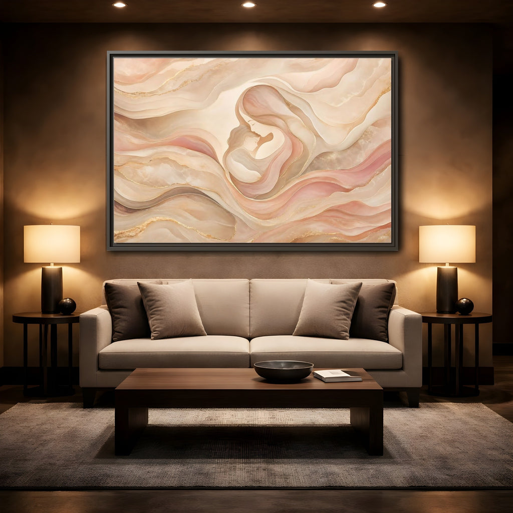 Mockup 2. Abstract Mother And Child Blush Gold Abstract shown as stretched canvas wall art