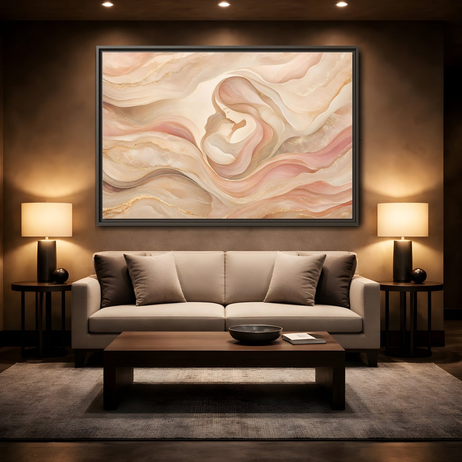 Mockup 2. Abstract Mother And Child Blush Gold Abstract shown as stretched canvas wall art