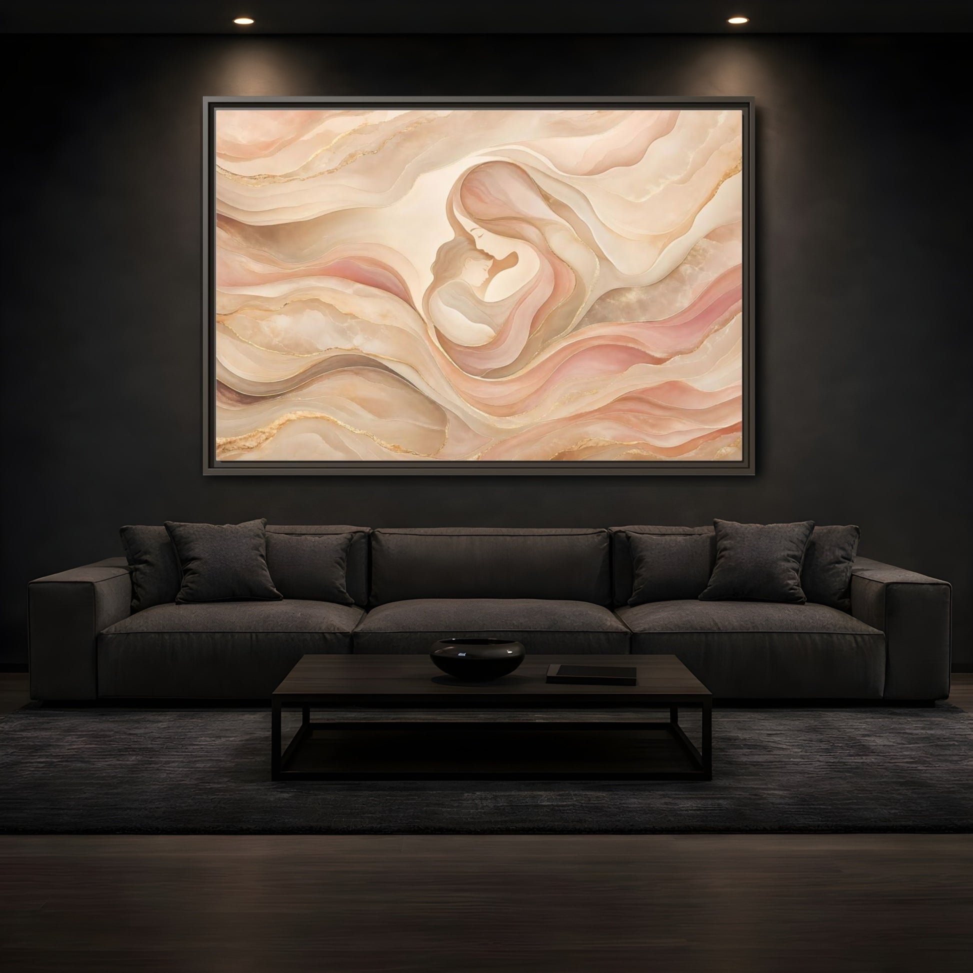 Mockup 3. Abstract Mother And Child Blush Gold Abstract shown as stretched canvas wall art