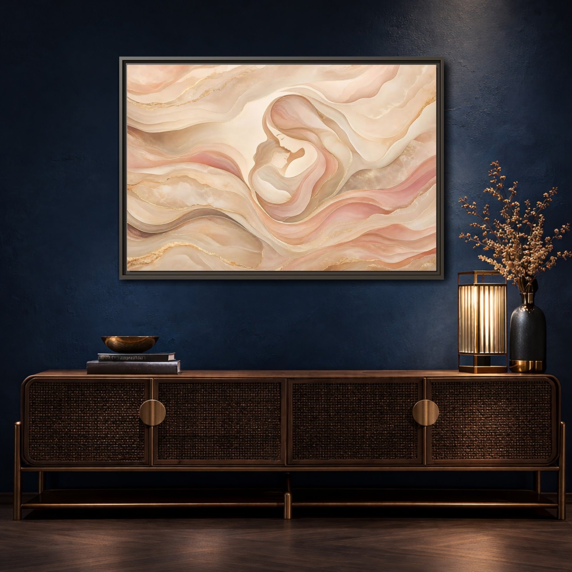 Mockup 4. Abstract Mother And Child Blush Gold Abstract shown as stretched canvas wall art