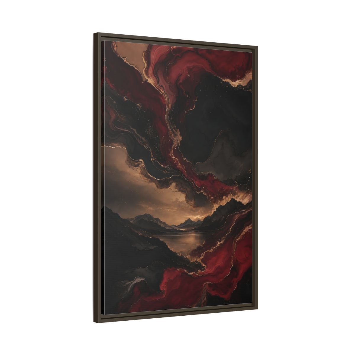 Main Mockup. Abstract Mountain Lake Red Black Gold shown as stretched canvas wall art
