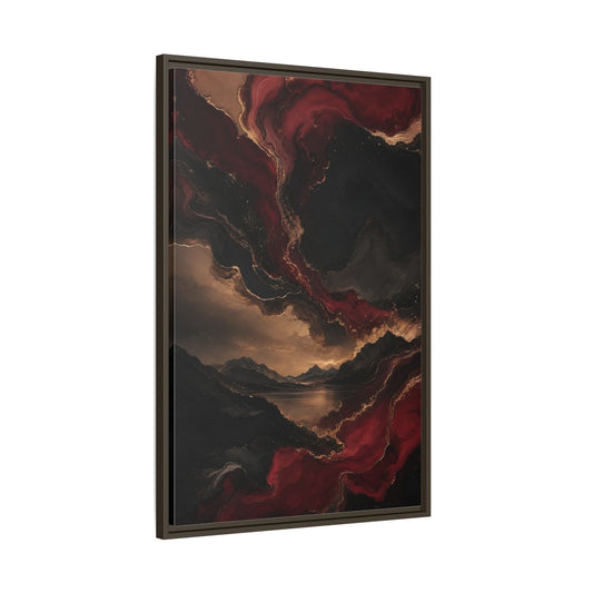 Main Mockup. Abstract Mountain Lake Red Black Gold shown as stretched canvas wall art